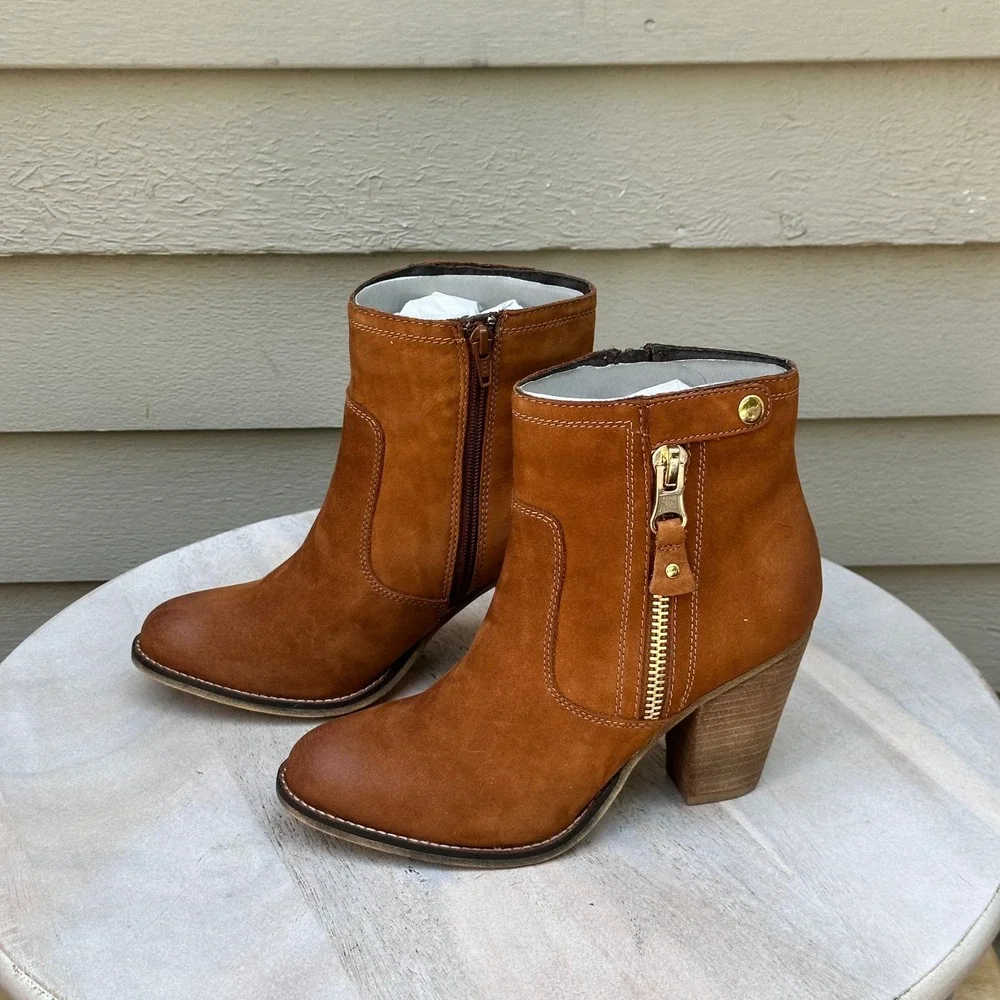 Aldo Olenalla Cognac Brown Leather Ankle Boots Block Heel Gold Zip Women 8.5 39 - Picture 7 of 14